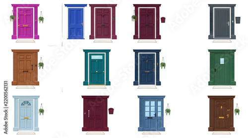 Colorful front doors with plants hanging isolated on transparent background transparent background