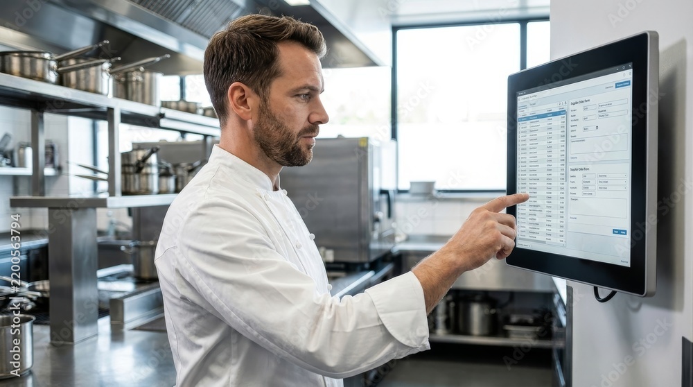 Fototapeta premium Professional chef using touch screen for inventory in modern kitchen