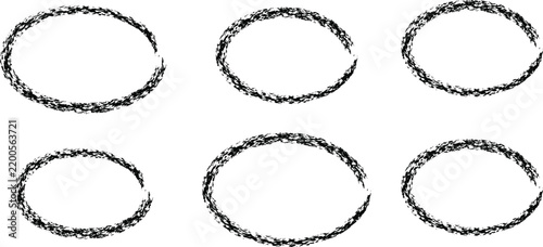 A set of six simple hand drawn oval shapes created with a rough charcoal pencil texture isolated on transparent background