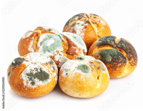 Moldy rolls, white background. AI