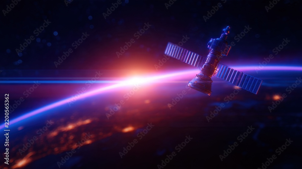 Fototapeta premium A satellite orbits earth, capturing the beauty of sunrise and the rich colors of space