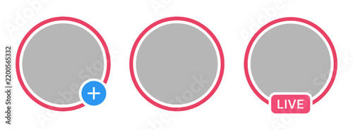 Social media circular profile avatars with add and live stream status indicators profile picture user icon