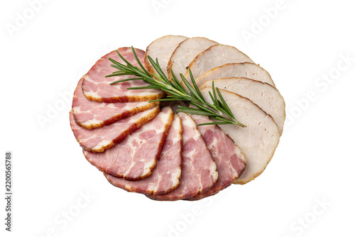 Sliced cured ham and roasted turkey breast arranged with fresh rosemary sprigs on a white surface isolated on a transparent background