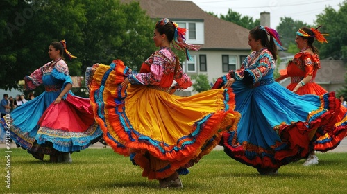 A local dance group performing traditional folk dances at a community fair, vibrant costumes swirling in motion.