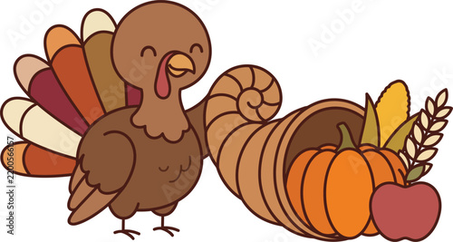 Cute simple Thanksgiving turkey with cornucopia vector illustration
