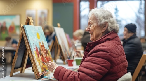 A local community center hosting a painting workshop, residents of all ages painting together.