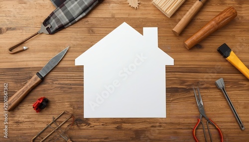White house shaped cutout paper centered on rustic wooden table surrounded by diverse hand tools for renovation and home construction