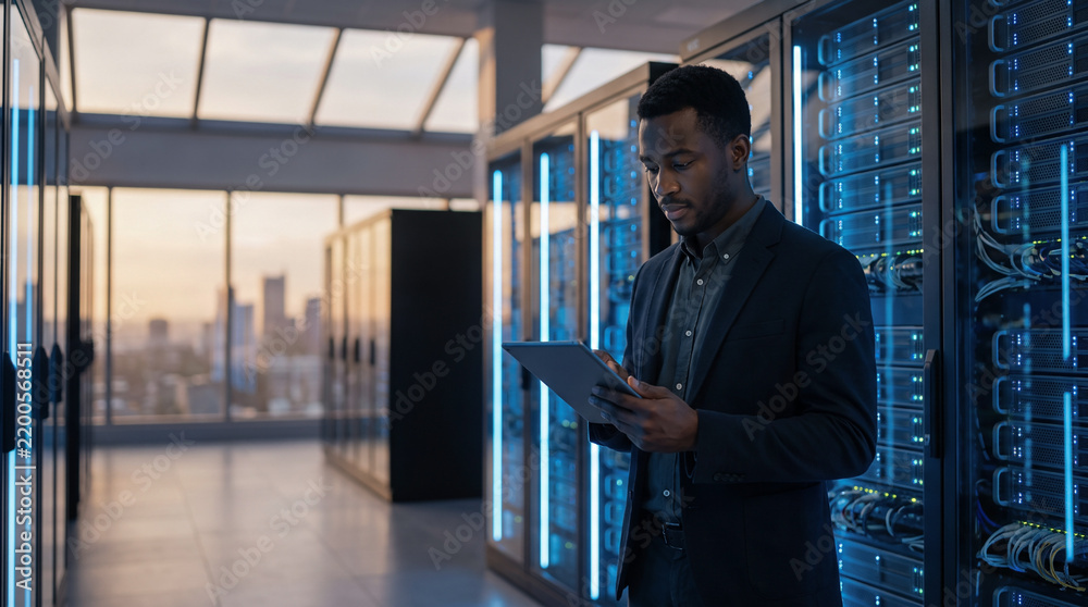 Fototapeta premium Data Center Engineer Working With Server and Network Equipment