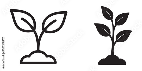 Obraz na plátně Minimalist vector icons of young green sprouts growing in soil isolated on white