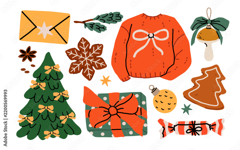 Fototapeta premium Christmas cozy collection with sweater, envelope, gingerbread, ornament tree and gift box. Flat cartoon hand drawn vector illustration.