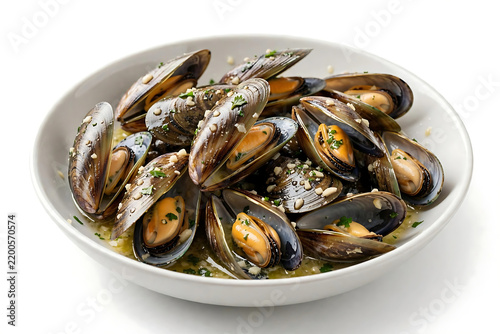 Steamed green mussels with garlic butter sauce and parsley garnish in white bowl isolated on pure white background. Seafood.