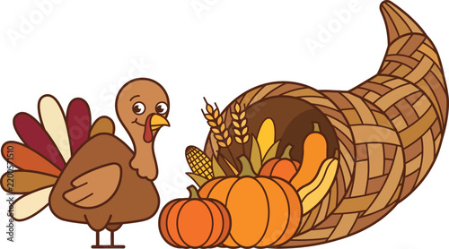 Cute little Thanksgiving turkey with large cornucopia vector illustration