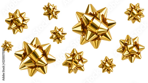 Flying shiny golden gift bow with textured ribbon loops isolated on transparent background