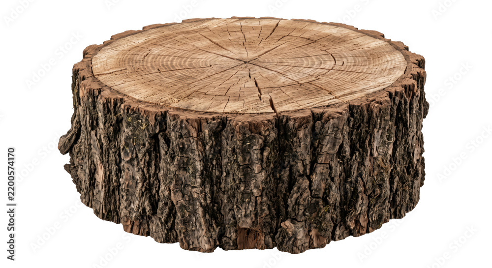 Obraz premium Rustic natural wooden tree stump with visible growth rings and rough bark texture, isolated on a clean white background