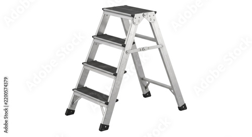 Obraz na płótnie Three-step silver aluminum stepladder with black non-slip treads is positioned o