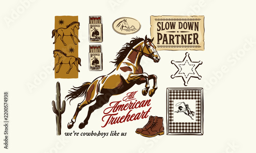 Vintage western collage with horses, cactus, sheriff star, and rodeo elements in a retro style.