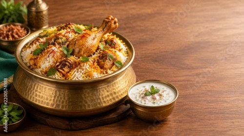 Traditional chicken biryani served in metallic bowl with yogurt dip