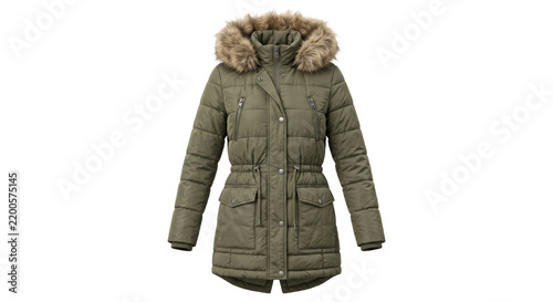Stylish olive green quilted women's parka with a fur-lined hood, presented on a clean white background