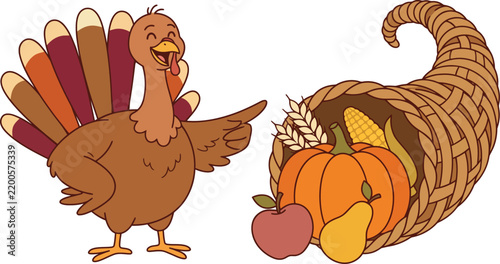 Cute happy turkey pointing at cornucopia vector illustration