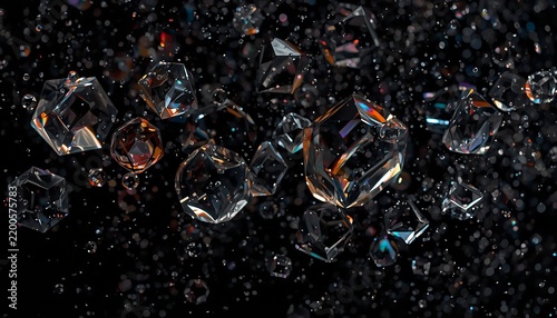 Floating geometric crystal prisms reflecting iridescent light beams while drifting through a dark liquid space filled with tiny glistening bubbles