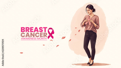 Woman standing thoughtfully with pink ribbon symbol for breast cancer awareness month medical support and health concept