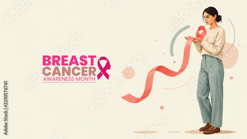 Young woman holding a pink awareness ribbon for breast cancer support and health awareness campaign illustration