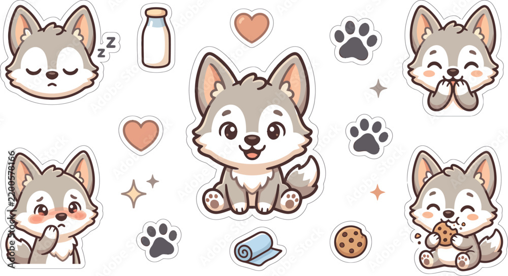 Obraz premium Adorable cartoon wolf cubs and related elements arranged in a playful sticker set design