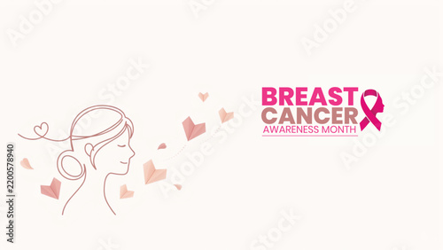 Minimalist line art illustration of a woman with pink hearts for breast cancer awareness month campaign