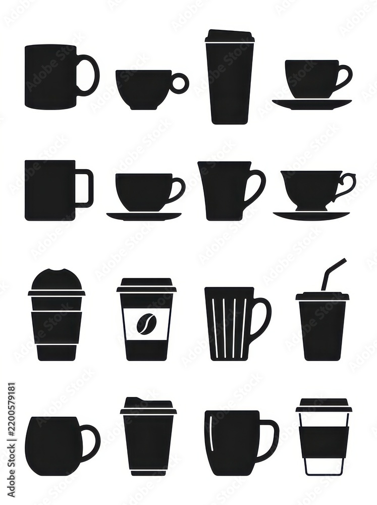 Obraz premium Set of Coffee and Tea Cup Silhouettes, Mugs, and Takeaway Paper Cups Icons Isolated on White Background for Cafe Design