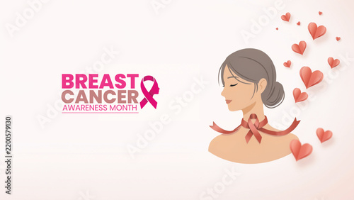 Illustration of a woman with a pink ribbon representing breast cancer awareness and support for health