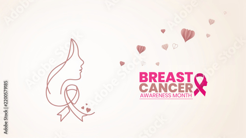 Breast cancer awareness concept with a pink ribbon and a minimalist line art female profile illustration