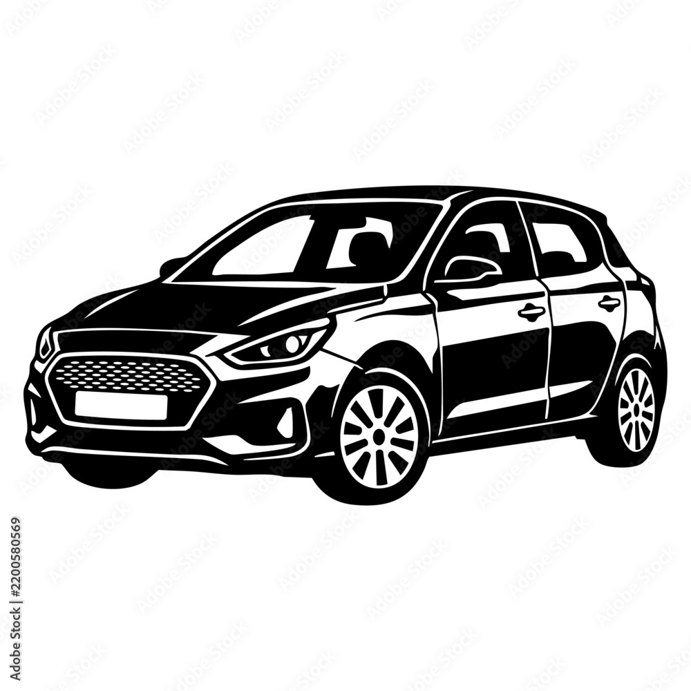 Naklejka premium Black and white vector illustration of a modern hatchback car