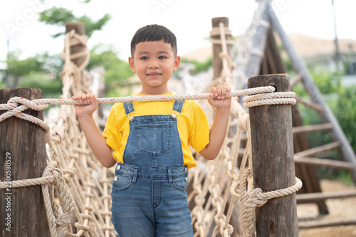 Картината върху платно A cheerful child stands on a playful rope bridge, showcasing joy and adventure in a vibrant outdoor play area