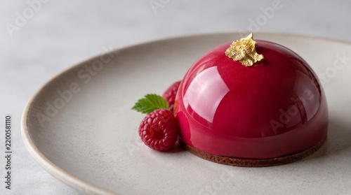 Gourmet red mirror glaze dome cake dessert served on a plate with fresh raspberries