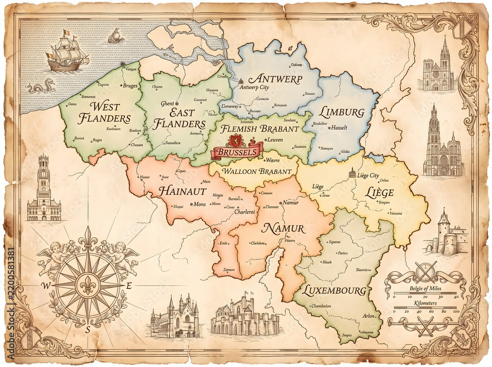 Fototapeta premium Vintage hand-drawn map of Belgium on antique parchment paper