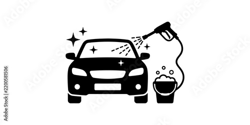Black car wash service icon featuring pressure washer gun and bucket on transparent background.