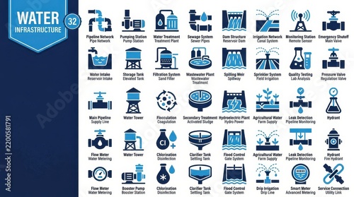 Comprehensive Set of 32 Water Infrastructure and Management Icons for Industrial and Utility Use