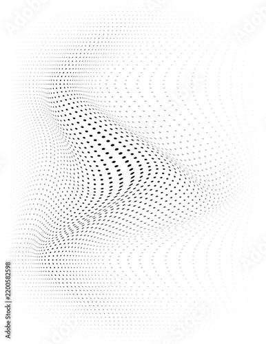 Abstract halftone dot pattern background featuring a warped grid and distorted wave distortion effect in black and white for modern graphic design