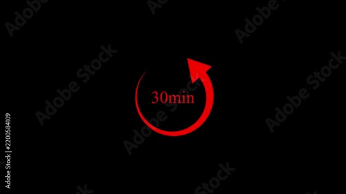 Red 30 minute countdown timer with rotating arrow on black background 4k motion video..