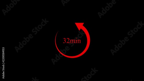 Red 32 minute countdown timer with rotating arrow on black background 4k motion video..