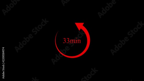 Red 33 minute countdown timer with rotating arrow on black background 4k motion video..