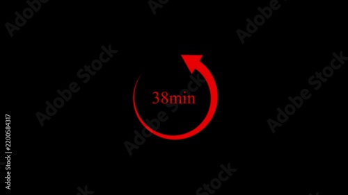 Red 38 minute countdown timer with rotating arrow on black background 4k motion video..