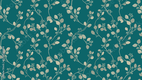 Elegant Seamless Floral Pattern Featuring Delicate Beige Eucalyptus Leaves and Twigs on a Dark Teal Background for Textile, Wallpaper, and Modern Interior Decor Projects