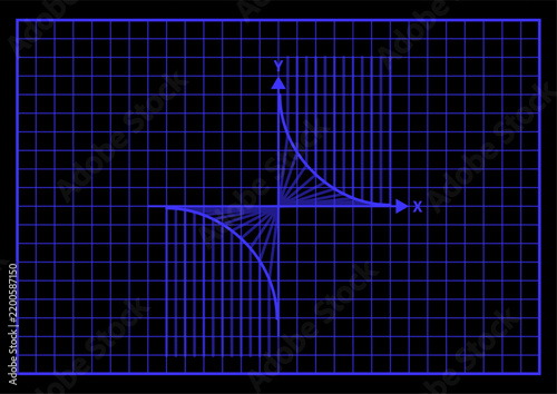 Hyperbola graph line mathematical function grid coordinate axis neon blue. Neon blue hyperbolic curve function plot grid lines dark background retro cybernetic science scheme display vector illustrati