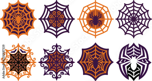 Set of Halloween themed spider web vector illustrations featuring spiders bats and pumpkins in orange and purple