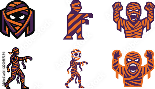 Set of six halloween mummy characters with various poses and spooky designs in vector illustrations