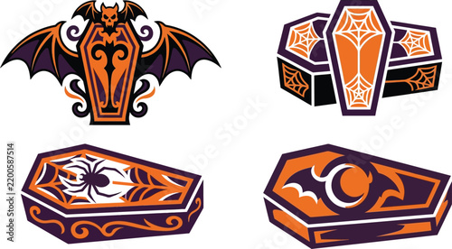 Spooky Halloween Coffin Icons Set Featuring Bats Spiders Webs and Skulls