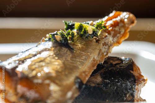Obraz na plátně Japanese style simmered marinated fish topped with seaweed and white sesame seeds