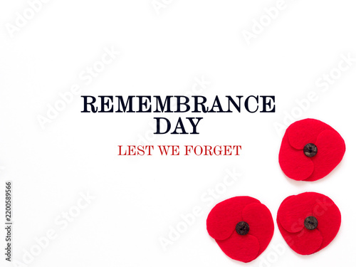 Fotografie Remembrance Day greeting card with text Lest We Forget and red felt poppy pins