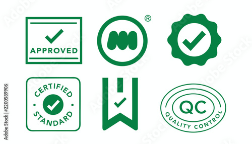 Green Certification Stamp and Seal Set, Featuring Approved, Certified, and Quality Control Icons Featuring Eco, Friendly